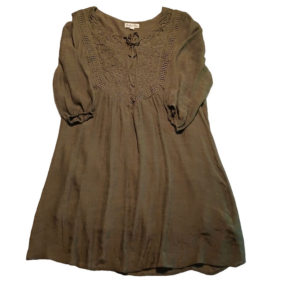 Indigo Rose Dark Green Dress Venice Corded Lace 3/4 Sleeve Knee Length Size L